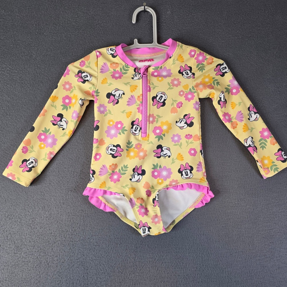 Disney Minnie Mouse Swimsuit 3T Yellow Floral Long Sleeve Rash Guard Pink Ruffle